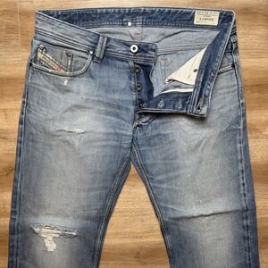 Diesel Jeans Men 33x32 Blue Larkee Regular Straight Leg Ripped 0073I (Hemmed 28)